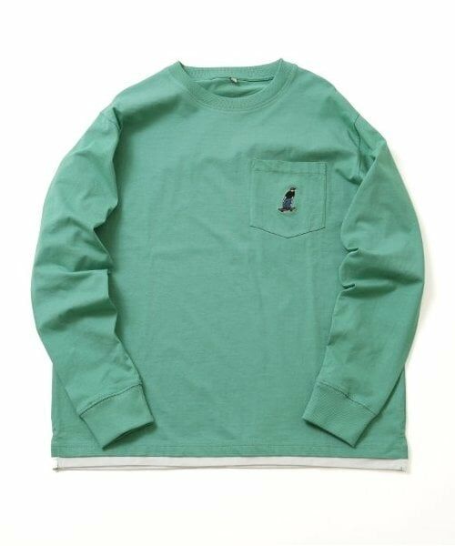 GLAZOS / グラソス Tシャツ | 【大人向けサイズあり】ポケットボブ刺繍入り裾レイヤード長袖Tシャツ（グリーン）