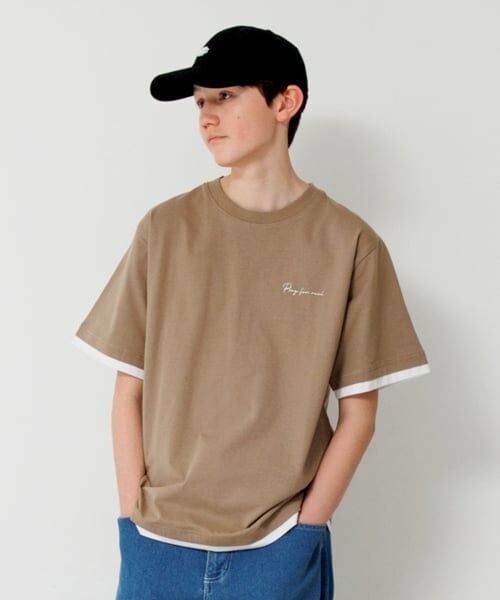 GLAZOS / グラソス Tシャツ | 【大人向けサイズあり】ワンポイントロゴ裾レイヤード半袖Tシャツ（ベージュ）