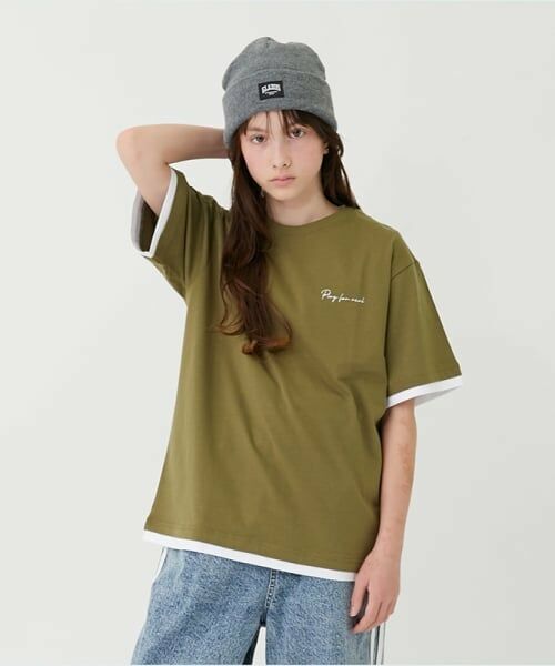 GLAZOS / グラソス Tシャツ | 【大人向けサイズあり】ワンポイントロゴ裾レイヤード半袖Tシャツ（カーキ）