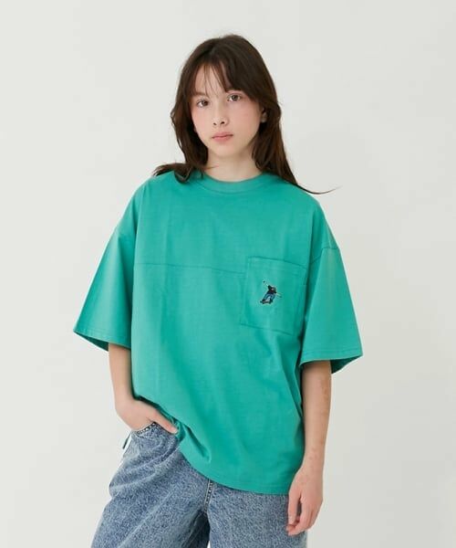 GLAZOS / グラソス Tシャツ | 【大人向けサイズあり】ポケット付きスケーター刺繍ビッグ半袖Tシャツ（グリーン）