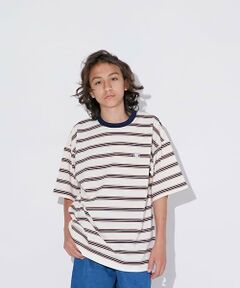 【大人向けサイズあり】ボーダー・ワンポイント刺しゅうレイヤードビッグ半袖Tシャツ