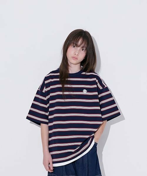 GLAZOS / グラソス Tシャツ | 【大人向けサイズあり】ボーダー・ワンポイント刺しゅうレイヤードビッグ半袖Tシャツ（紺）