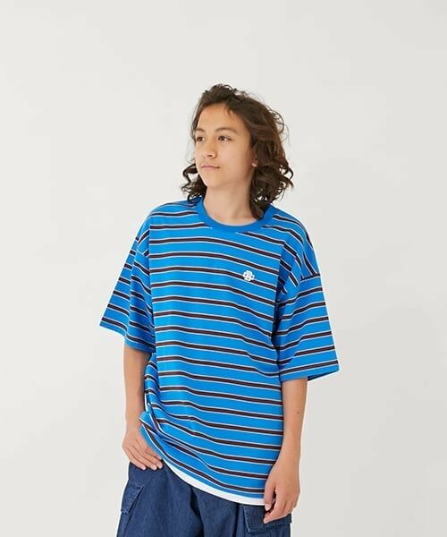 GLAZOS / グラソス Tシャツ | 【大人向けサイズあり】ボーダー・ワンポイント刺しゅうレイヤードビッグ半袖Tシャツ（ブルー）
