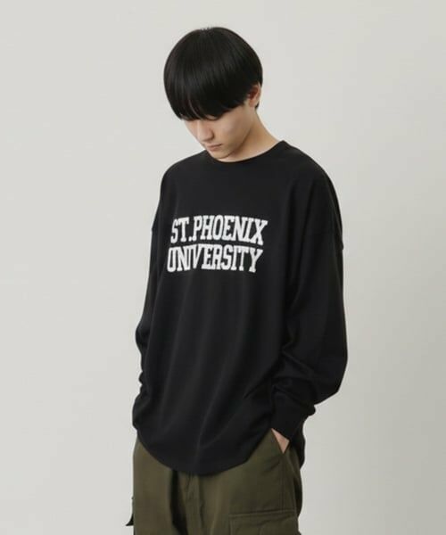 GLAZOS / グラソス Tシャツ | フロッキーカレッジロゴプリント長袖Tシャツ（黒）