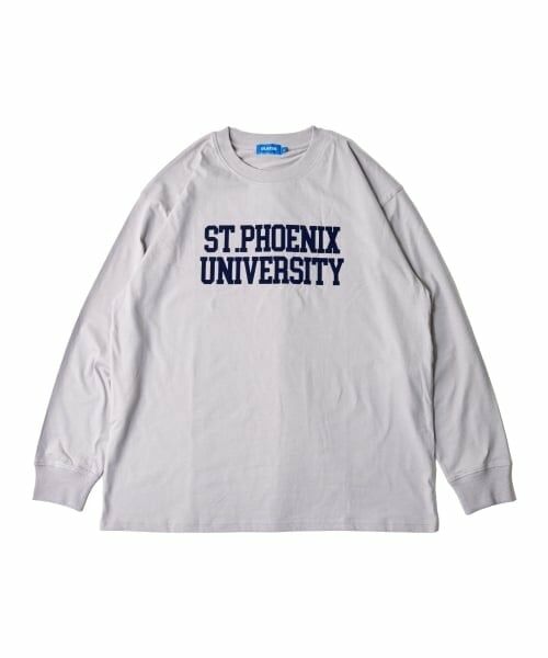 GLAZOS / グラソス Tシャツ | フロッキーカレッジロゴプリント長袖Tシャツ（ライト グレー）