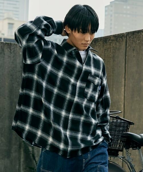 GLAZOS / グラソス シャツ・ブラウス | ジップチェックシャツ（白）