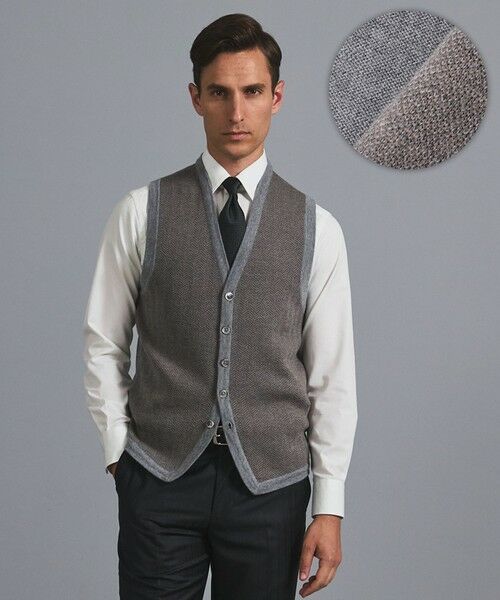 gotairiku/ゴタイリク 体温調整に【洗える/チクチクしにくい/ピリングしにくい】イタリア糸 ハイゲージ ベスト_WOOL100% グレー×ヘリンボーン柄 S gotairiku/ゴタイリク 体温調整に【洗える/チクチクしにくい/ピリングしにくい】イタリア糸 ハイゲージ ベスト_WOOL100% グレー×ヘリンボーン柄 S