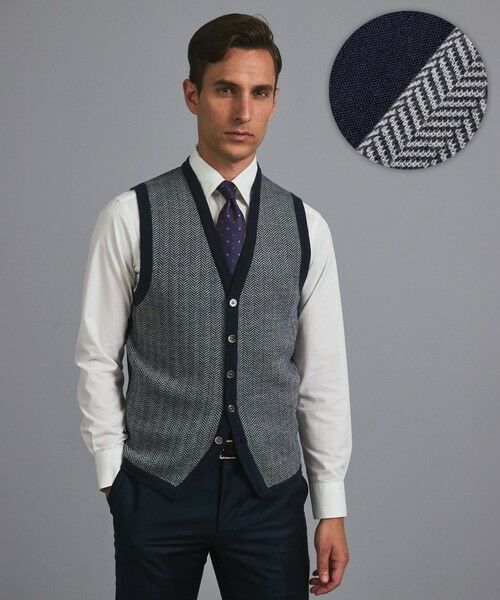gotairiku/ゴタイリク 体温調整に【洗える/チクチクしにくい/ピリングしにくい】イタリア糸 ハイゲージ ベスト_WOOL100% ネイビー×ヘリンボーン柄 LL gotairiku/ゴタイリク 体温調整に【洗える/チクチクしにくい/ピリングしにくい】イタリア糸 ハイゲージ ベスト_WOOL100% ネイビー×ヘリンボーン柄 LL