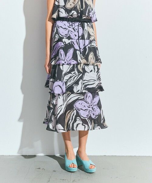 GRACE CONTINENTAL / グレースコンチネンタル ミニ・ひざ丈スカート | プリントレイヤードスカート（ブラック）