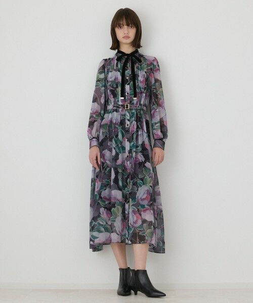 GRACE CONTINENTAL / グレースコンチネンタル ロング・マキシ丈ワンピース | ローズプリントフレアワンピース(ブラック)