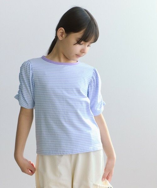 green label relaxing/グリーンレーベル リラクシング ボーダー ギャザースリーブ Tシャツ / キッズ 100cm-160cm LT. BLUE 120cm green label relaxing/グリーンレーベル リラクシング ボーダー ギャザースリーブ Tシャツ / キッズ 100cm-160cm LT. BLUE 120cm