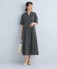 ウエストフィット 5分袖 シャツ ワンピース -マシンウォッシャブル-