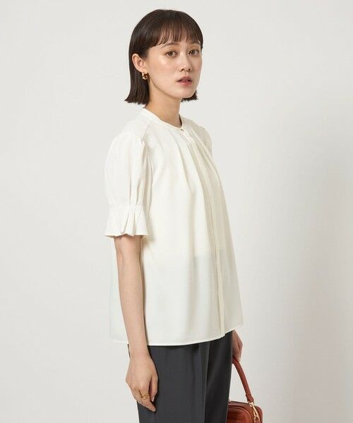 プランテーション リネンブレンドTシャツ ブラウス ちりめん生地風 ナチュラル系 セール】 袖タック ショートスリーブ ブラウス (シャツ