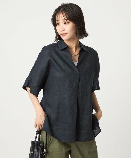 ブラウス シャツ フレンチリネン スキッパー 5分袖 シャツ レディース セール】 フレンチリネン スキッパー 5分袖 シャツ （シャツ