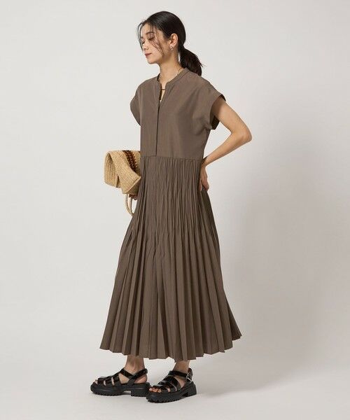 [注文上昇] レタリング ベルテッド 配色 ワンピース(KHAKI) size SHORTあり］ワッシャー プリーツ ワンピース （ロング