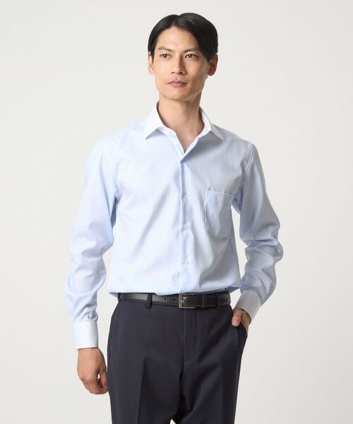 green label relaxing/グリーンレーベル リラクシング コットン シャドーストライプ クレリック ワイドカラー ドレスシャツ -イージーアイロン- LT. BLUE S-M(38cm) green label relaxing/グリーンレーベル リラクシング コットン シャドーストライプ クレリック ワイドカラー ドレスシャツ -イージーアイロン- LT. BLUE S-M(38cm)