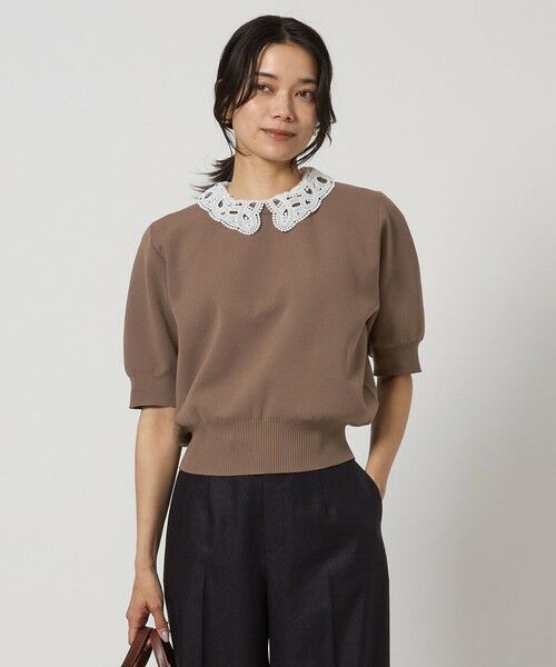 green label relaxing/グリーンレーベル リラクシング 襟レース 2WAY 5分袖 プルオーバー ニット -ウォッシャブル- BEIGE FREE