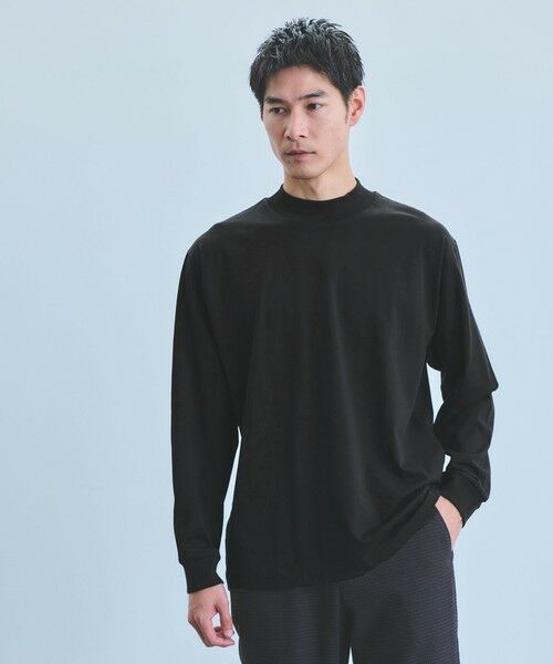 green label relaxing/グリーンレーベル リラクシング LONG FIBER COTTON クリア モックネック 長袖 Tシャツ BLACK M