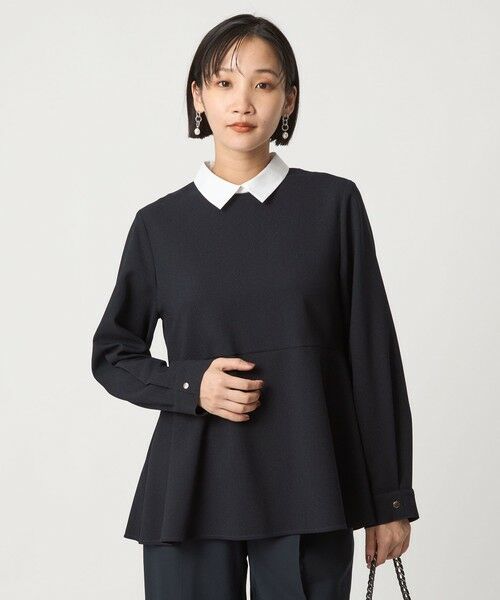 green label relaxing/グリーンレーベル リラクシング ソフトジョーゼット 襟付き ペプラム プルオーバー マシンウォッシャブル ストレッチ NAVY FREE