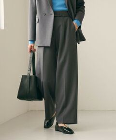 極美品♡グリーンレーベルリラクシング　ノーカラー　ワイドパンツ　ウエストリボン ほんのりハイウエスト・スッキリ見え】サス付きリボンワイド