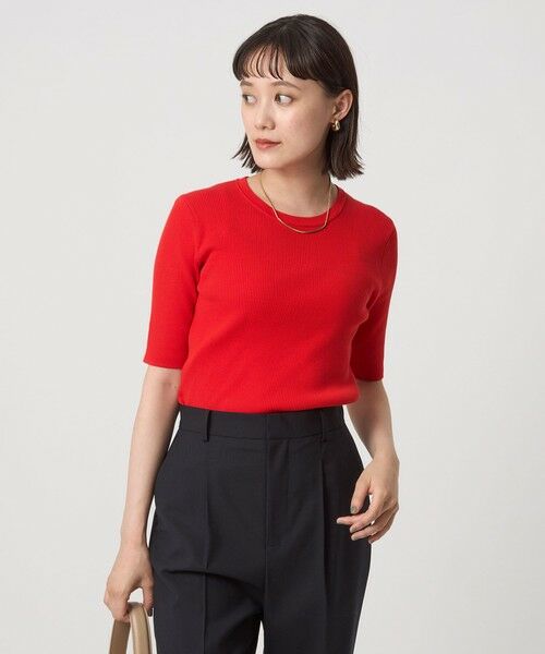 green label relaxing/グリーンレーベル リラクシング <1_OF MINE>リブ クルーネック 5分袖 ニット プルオーバー RED FREE green label relaxing/グリーンレーベル リラクシング <1_OF MINE>リブ クルーネック 5分袖 ニット プルオーバー RED FREE