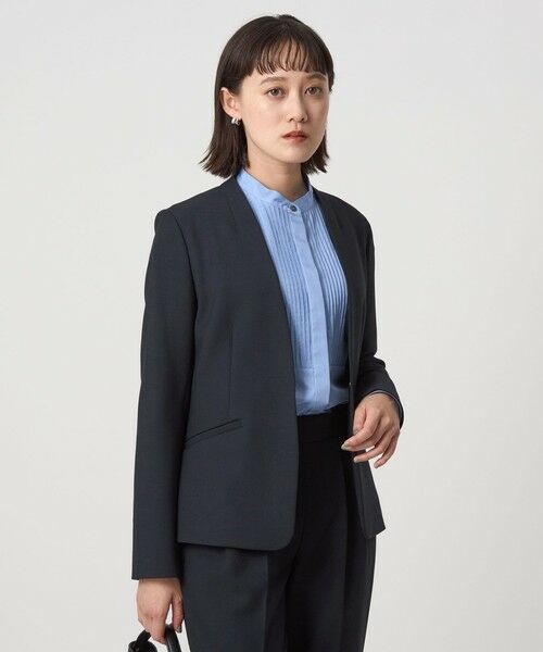 green label relaxing / グリーンレーベル リラクシング ノーカラージャケット | ダブルクロス ノーラペル ジャケット ウォッシャブル ストレッチ(NAVY)