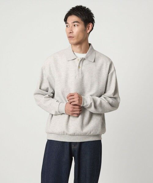 green label relaxing/グリーンレーベル リラクシング ワッフル 長袖 ポロシャツ カットソー LT. GRAY S