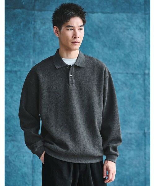 green label relaxing / グリーンレーベル リラクシング ポロシャツ | ワッフル 長袖 ポロシャツ カットソー(DK.GRAY)