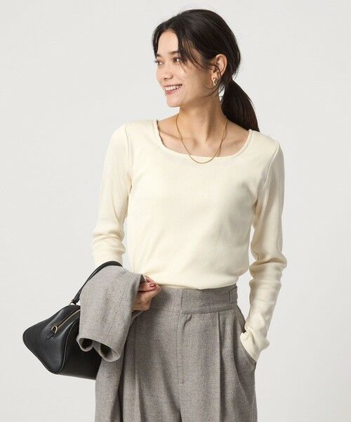 green label relaxing/グリーンレーベル リラクシング ブライトリブ スクエアネック ロングスリーブ カットソー 制菌 OFF WHITE FREE