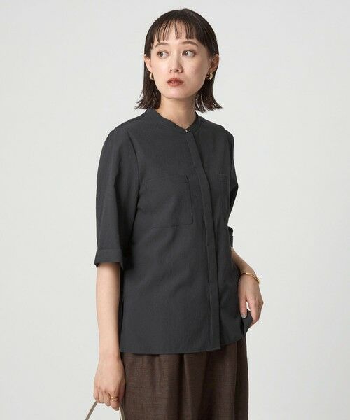 green label relaxing/グリーンレーベル リラクシング スタンドカラー ポケット 5分袖 シャツ DK. GRAY FREE