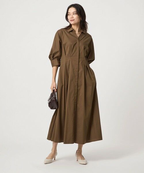 green label relaxing / グリーンレーベル リラクシング ロング・マキシ丈ワンピース | シャツ襟 フィット&フレア タックスリーブ ワンピース(DK.BROWN)