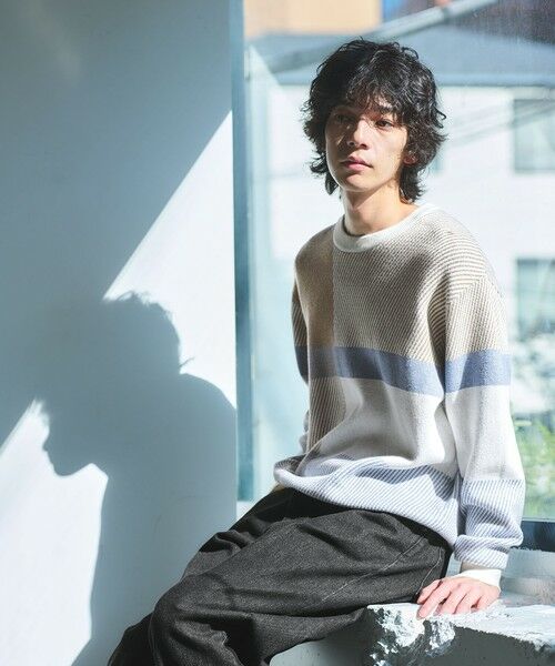 green label relaxing / グリーンレーベル リラクシング ニット・セーター | カラー ブロック ジャカード クルーネック ニット(BEIGE)