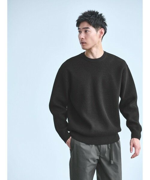 green label relaxing / グリーンレーベル リラクシング ニット・セーター | コットン ポリエステル ワッフル クルーネック ニット(BLACK)