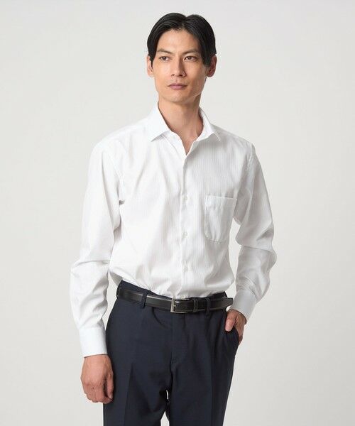 green label relaxing / グリーンレーベル リラクシング シャツ・ブラウス | コットン シャドーストライプ クレリック ワイドカラー ドレスシャツ -イージーアイロン-（WHITE）