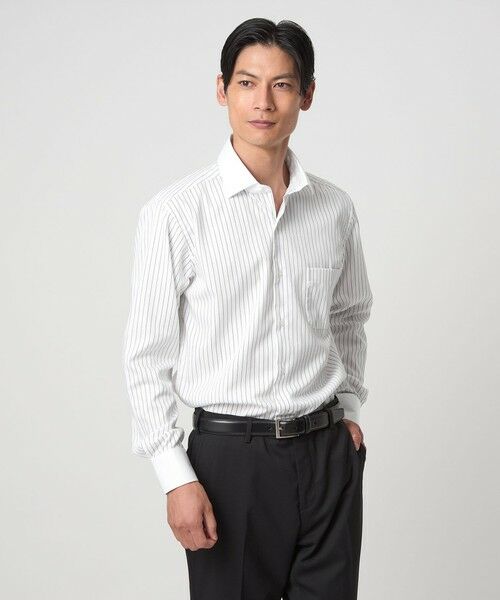 green label relaxing / グリーンレーベル リラクシング シャツ・ブラウス | コットン ツイル ピンストライプ クレリック ワイドカラー ドレスシャツ -イージーアイロン-（BLACK）