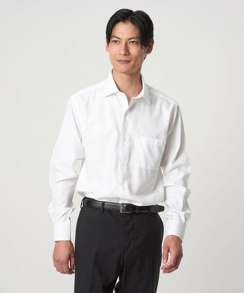 green label relaxing / グリーンレーベル リラクシング シャツ・ブラウス | コットン ヘリンボーン ワイドカラー ドレスシャツ -形態安定-（WHITE）