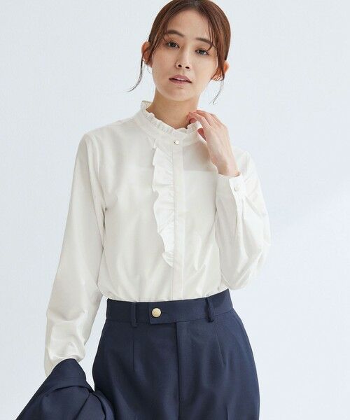 green label relaxing / グリーンレーベル リラクシング シャツ・ブラウス | フリル ディテール ブラウス マシンウォッシャブル UVカット（WHITE）