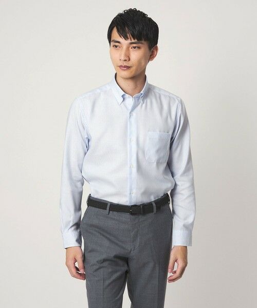 green label relaxing / グリーンレーベル リラクシング シャツ・ブラウス | エブリット コットンオックス ストライプ スナップ ボタンダウン シャツ -イージーアイロン-（LT.BLUE）