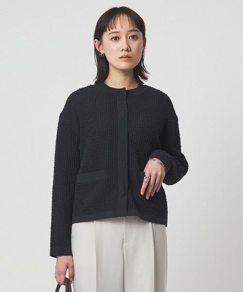 green label relaxing / グリーンレーベル リラクシング カーディガン・ボレロ | パイピング ノーカラー ニット カーディガン（NAVY）