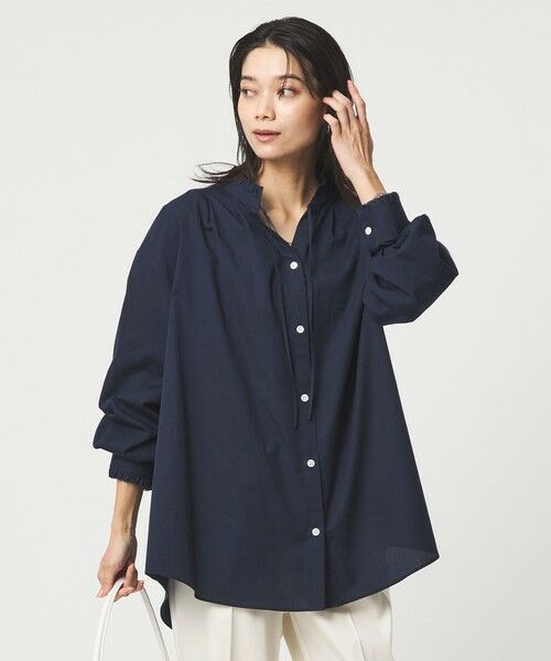 green label relaxing / グリーンレーベル リラクシング シャツ・ブラウス | ［size SHORTあり］フリルネック ブラウス（NAVY）