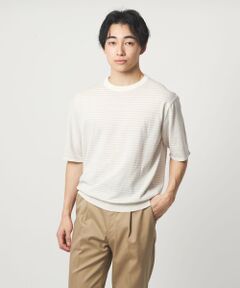 green label relaxing / グリーンレーベル リラクシング ニット・セーター | リネン ポリエステル ボーダー クルーネック 半袖 ニット -ウォッシャブル-