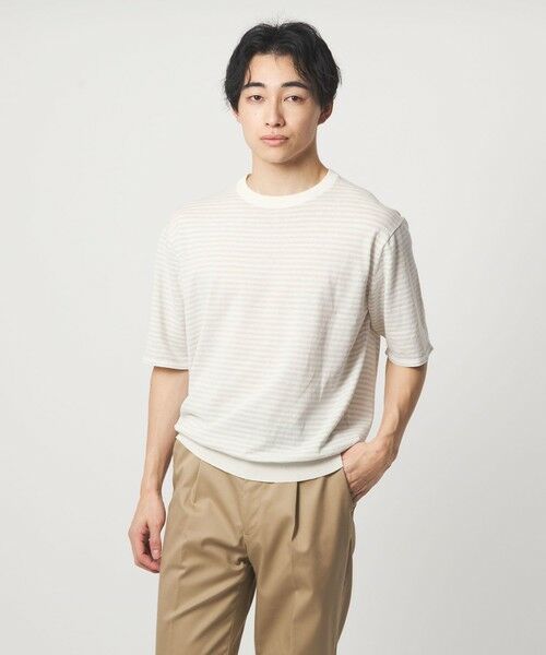 green label relaxing / グリーンレーベル リラクシング ニット・セーター | リネン ポリエステル ボーダー クルーネック 半袖 ニット -ウォッシャブル-（WHITE）