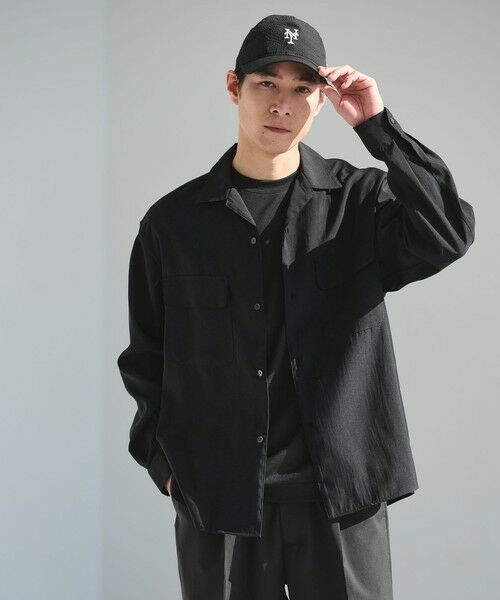green label relaxing / グリーンレーベル リラクシング シャツ・ブラウス | ナイロン ツイル オープンカラー シャツ ブルゾン -撥水-（BLACK）