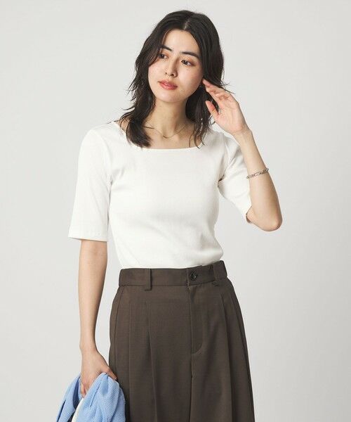 green label relaxing / グリーンレーベル リラクシング カットソー | ブライトリブ スクエアネック 5分袖 プルオーバー カットソー(OFF WHITE)