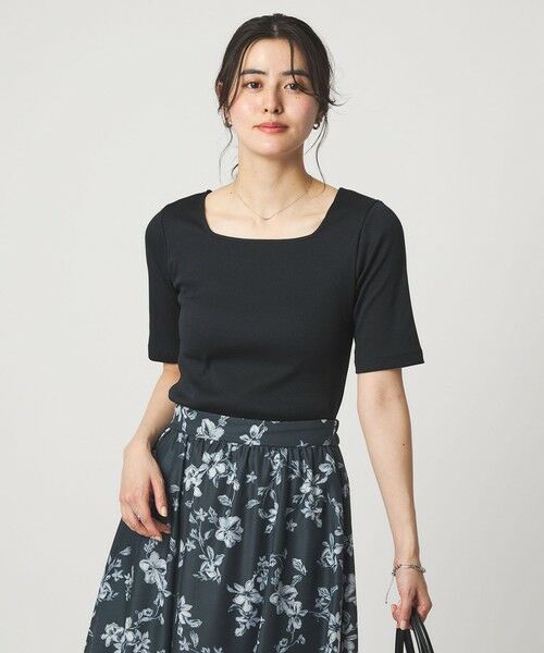 green label relaxing / グリーンレーベル リラクシング カットソー | ブライトリブ スクエアネック 5分袖 プルオーバー カットソー(BLACK)