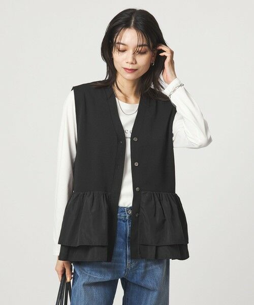 green label relaxing / グリーンレーベル リラクシング ベスト | フリル ドッキング ペプラム ニット ジレ ウォッシャブル（BLACK）
