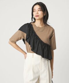 green label relaxing / グリーンレーベル リラクシング ニット・セーター | フリル ドッキング 5分袖 ニット プルオーバー ウォッシャブル