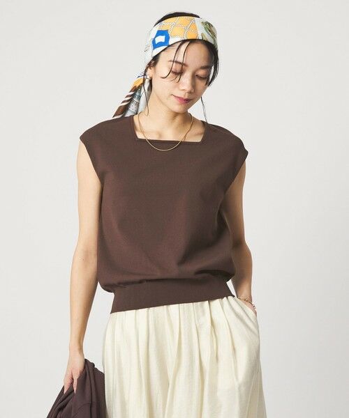 green label relaxing / グリーンレーベル リラクシング ニット・セーター | HIYOKE スクエアネック フレンチスリーブ ニット（DK.BROWN）