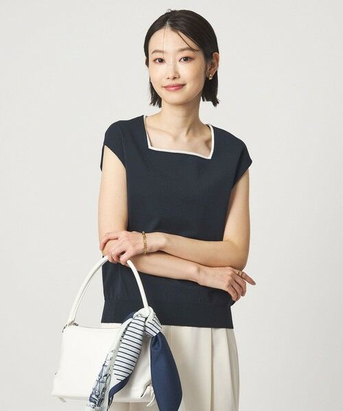 green label relaxing / グリーンレーベル リラクシング ニット・セーター | HIYOKE スクエアネック フレンチスリーブ ニット（NAVY）