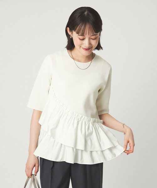 green label relaxing / グリーンレーベル リラクシング ニット・セーター | ドッキング ペプラム ショートスリーブ ニット プルオーバー ウォッシャブル（WHITE）